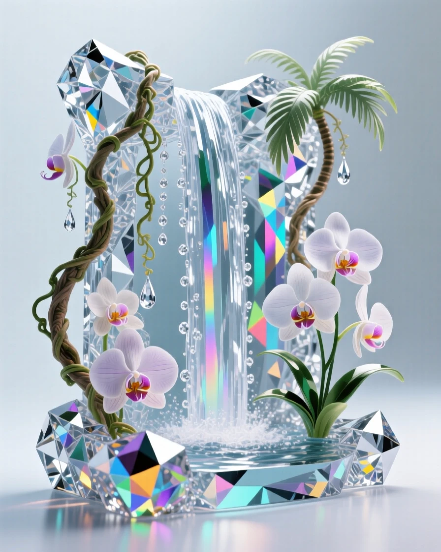 A tropical waterfall hidden behind a curtain of hanging vines and orchids.