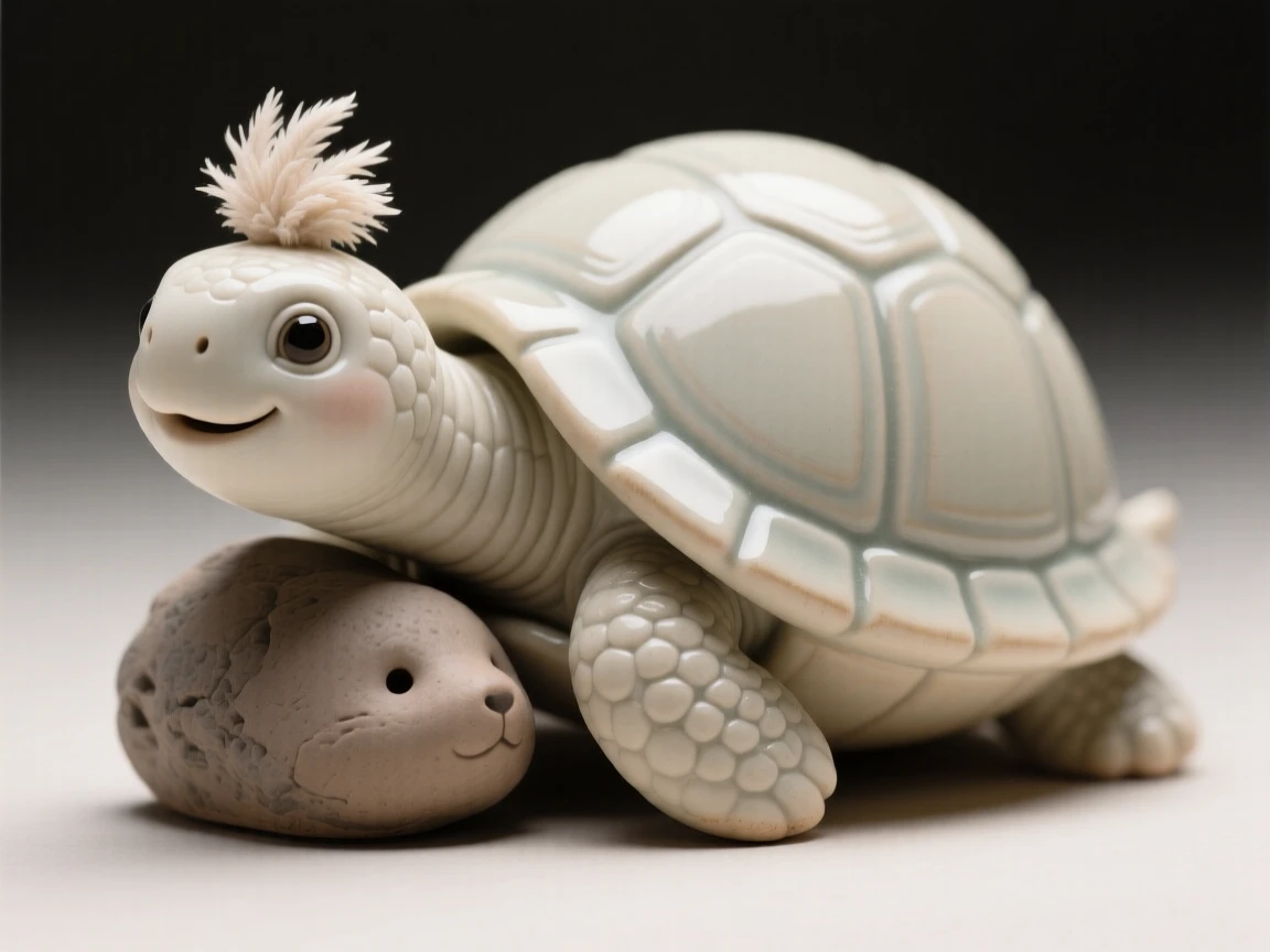 A tiny baby turtle poking its head from its shell nestled cozily against a warm companion, with a small, endearing tuft of fluff, radiating adorable, joyful innocence.
