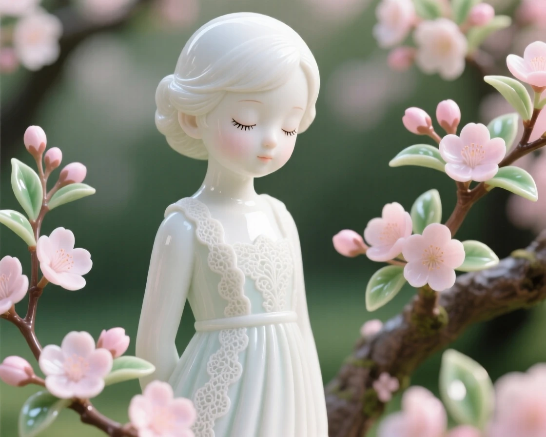 A noble child gazing toward the horizon in a blooming orchard, her eyes closed in peaceful reflection.