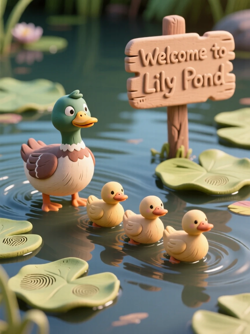A mother duck leading a line of ducklings across a lily-pad pond