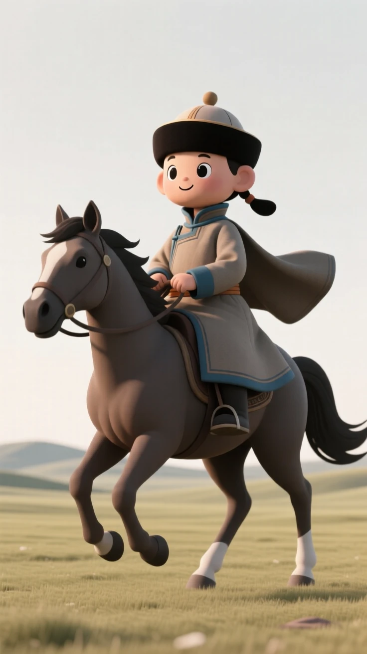 A Mongolian herder rides a sturdy horse across the open steppe, a traditional deel coat billowing in the wind.