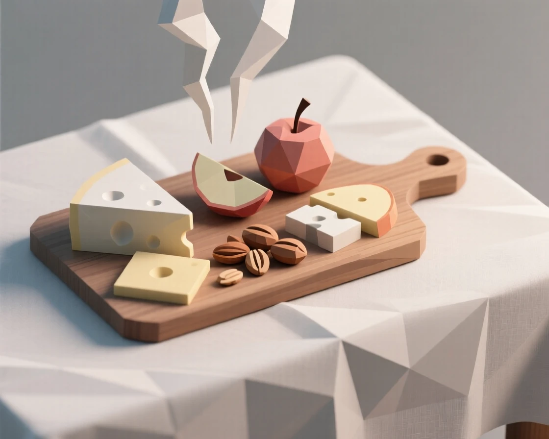 A charcuterie board with cheese, fruit, and nuts, on a linen tablecloth set for breakfast. steam rises gently, adding a sense of freshness. The mood is fresh and appetizing.
