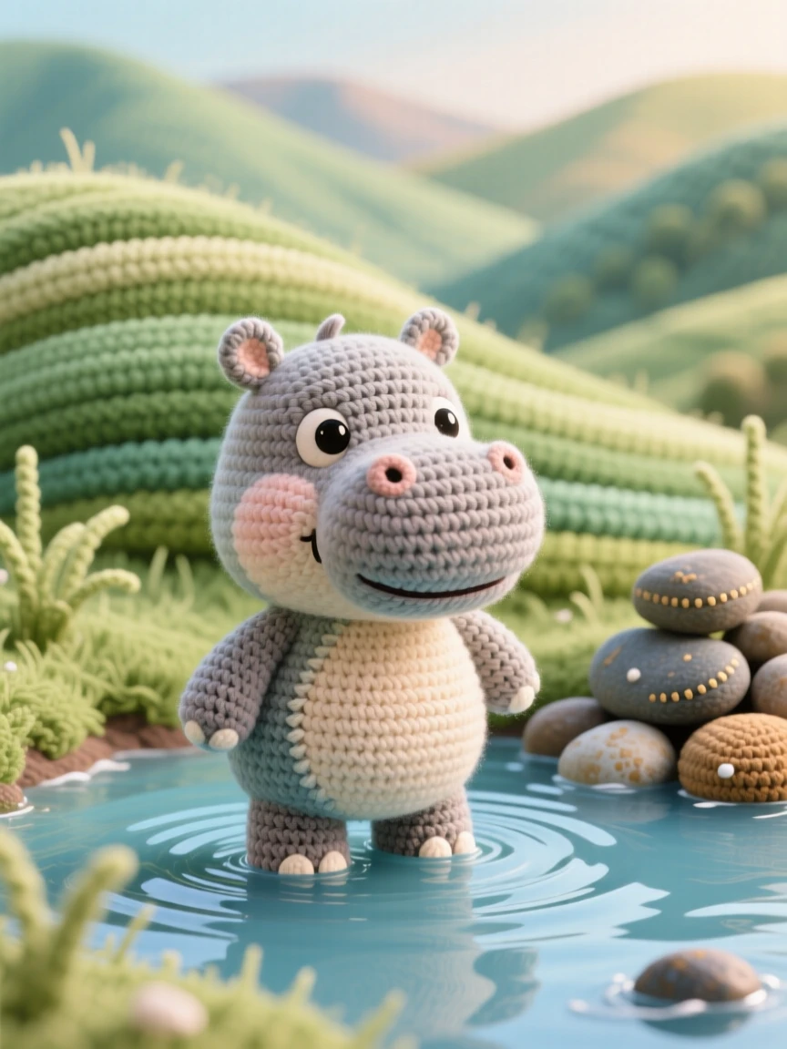 a round pygmy hippo with glossy skin and short legs is shown wading through shallow water with a content smile within a soft grassy hill overlooking a valley, accompanied by a few pebbles stacked in a small pile, capturing a serene, storybook stillness.