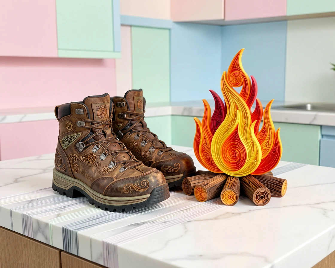A cozy still life of a pair of well-worn hiking boots beside a campfire on a marble countertop in a modern kitchen, in bright, cheerful pastel colors, shown from a cozy eye-level perspective.