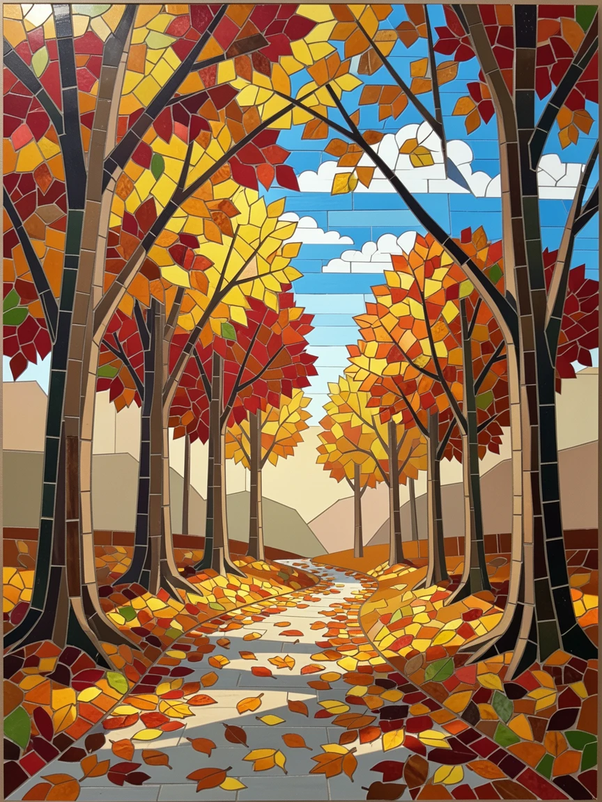 A colorful autumn forest with a winding path covered in fallen leaves.
