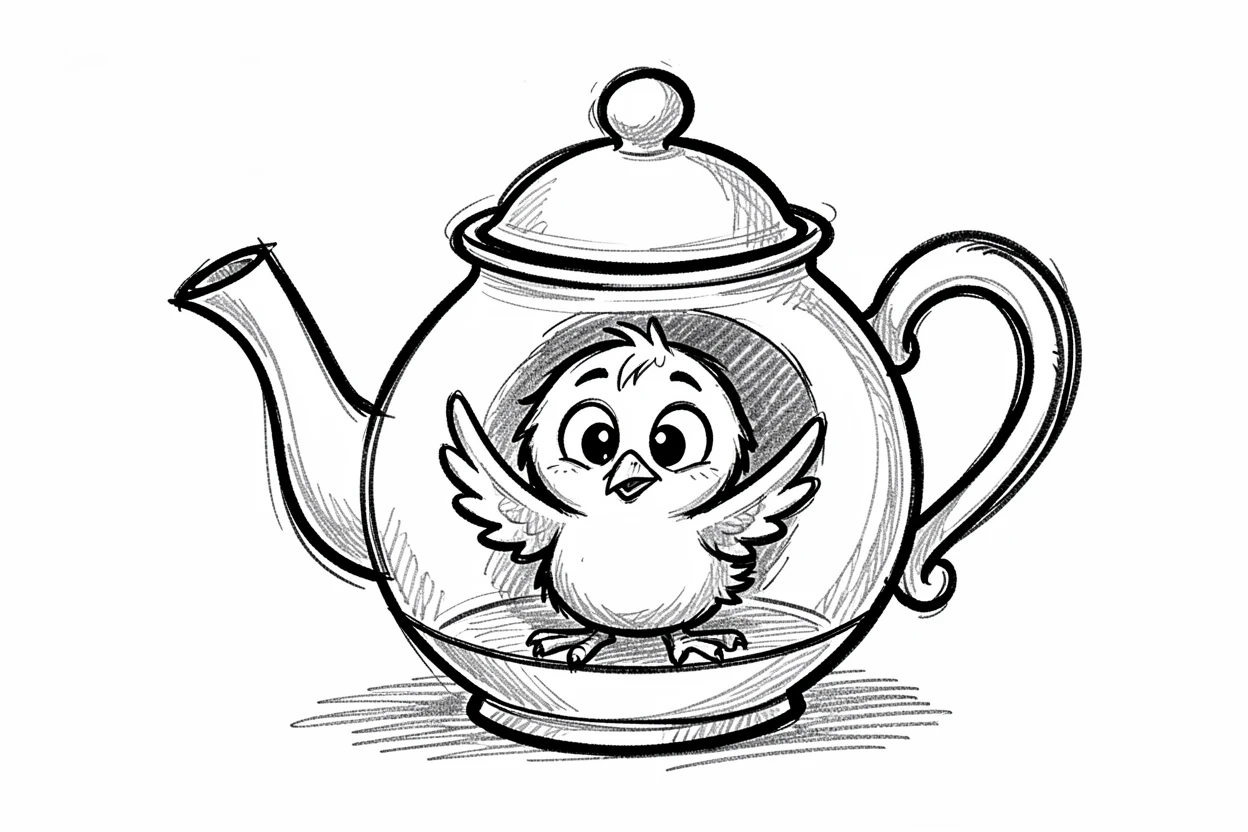 A tiny chick hiding inside a teapot.