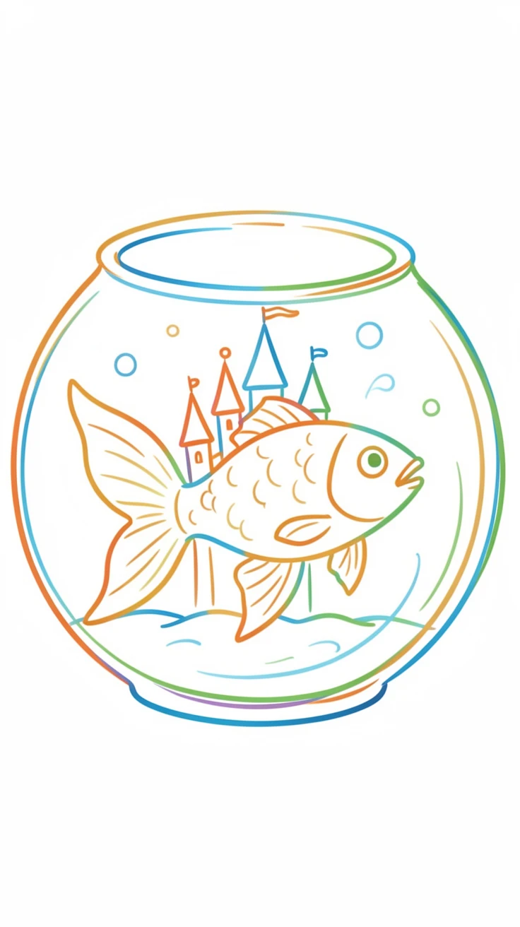 A goldfish swimming through a miniature castle inside a round glass bowl.