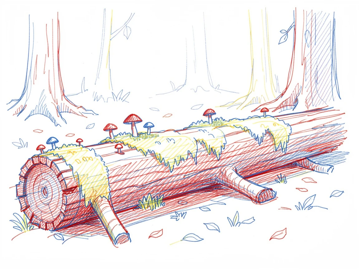 An old-growth forest with a fallen log covered in moss and small mushrooms