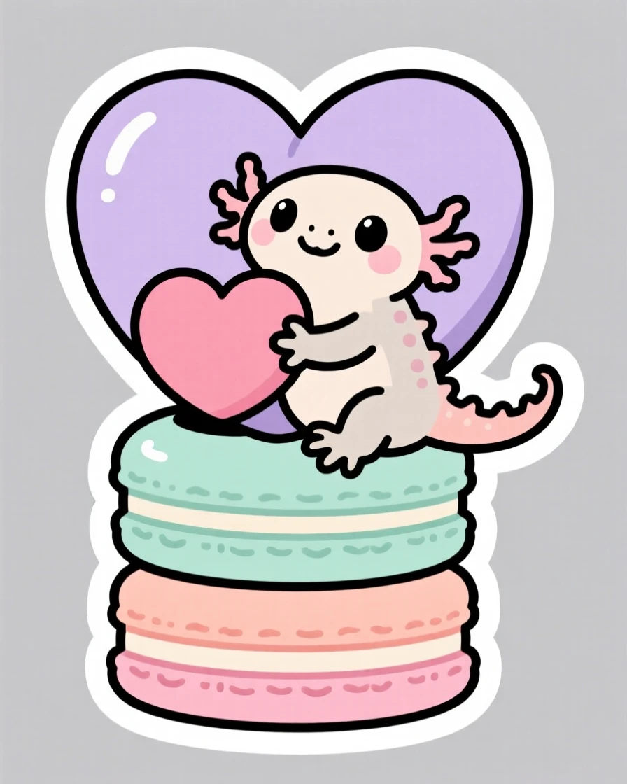 A wonder-struck tiny axolotl hugging a giant heart pillow, on top of a stack of pastel macarons.