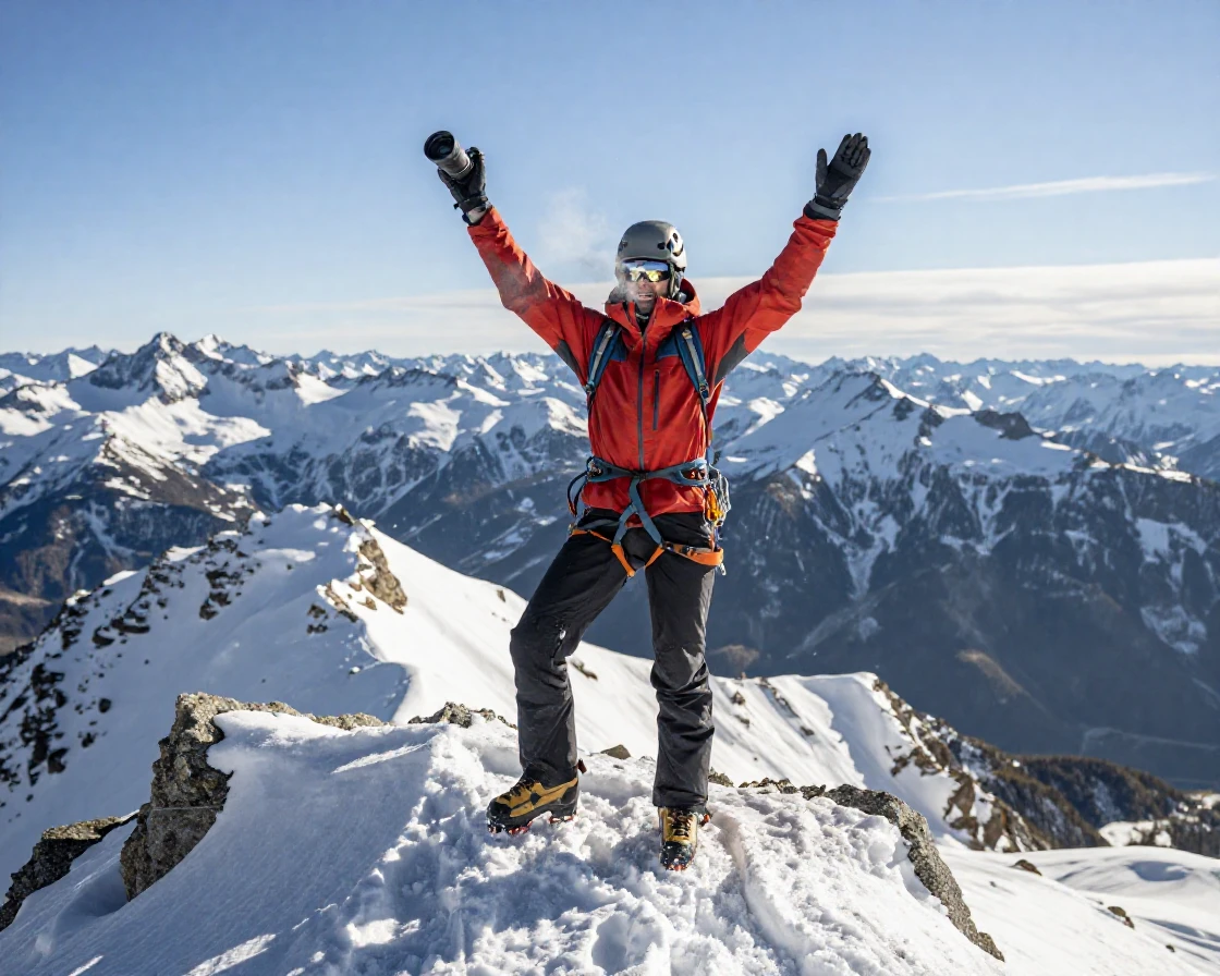 A mountain climber reaching a snowy summit with arms raised