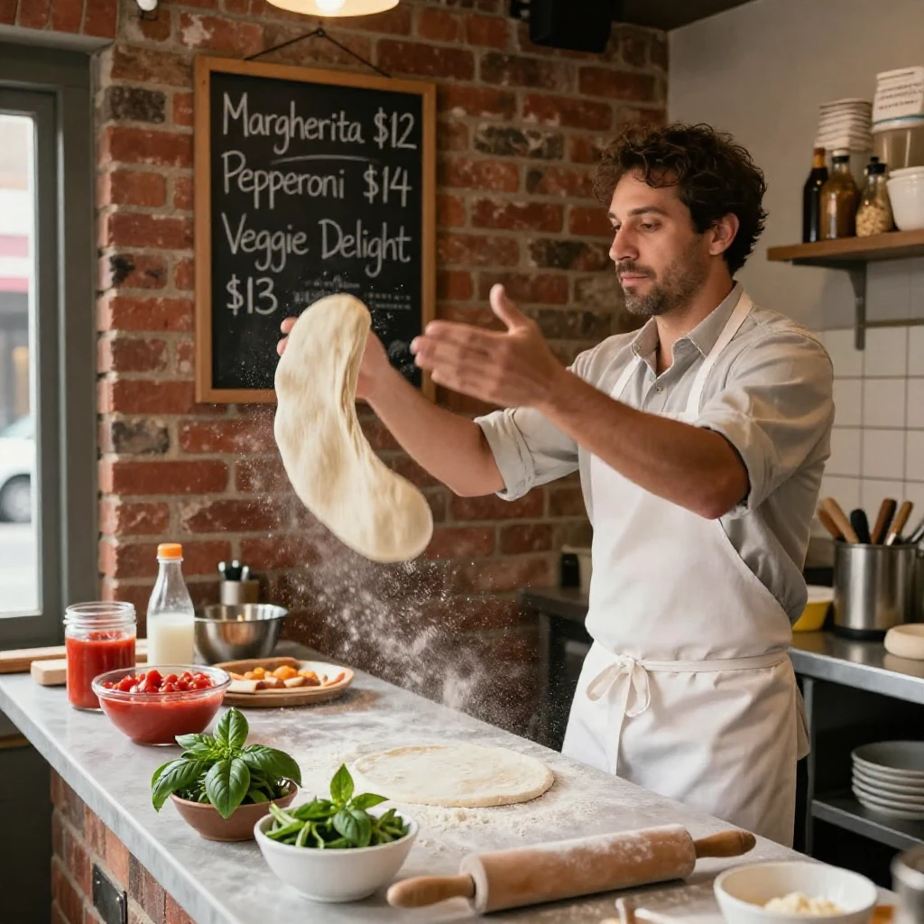 A chef tosses pizza dough into the air behind the counter of a tiny brick-walled pizzeria.