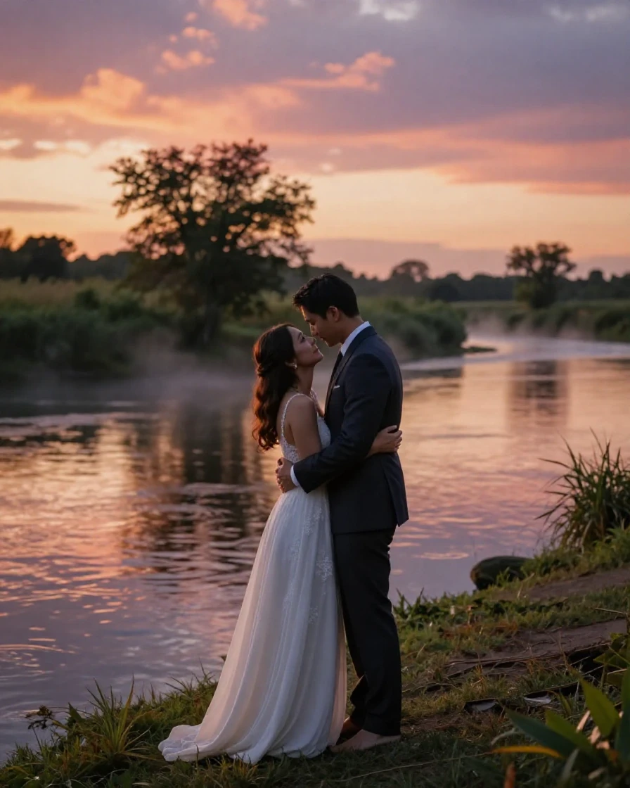 A newlywed couple embracing along a quiet riverbank at sunrise as the day comes to an end