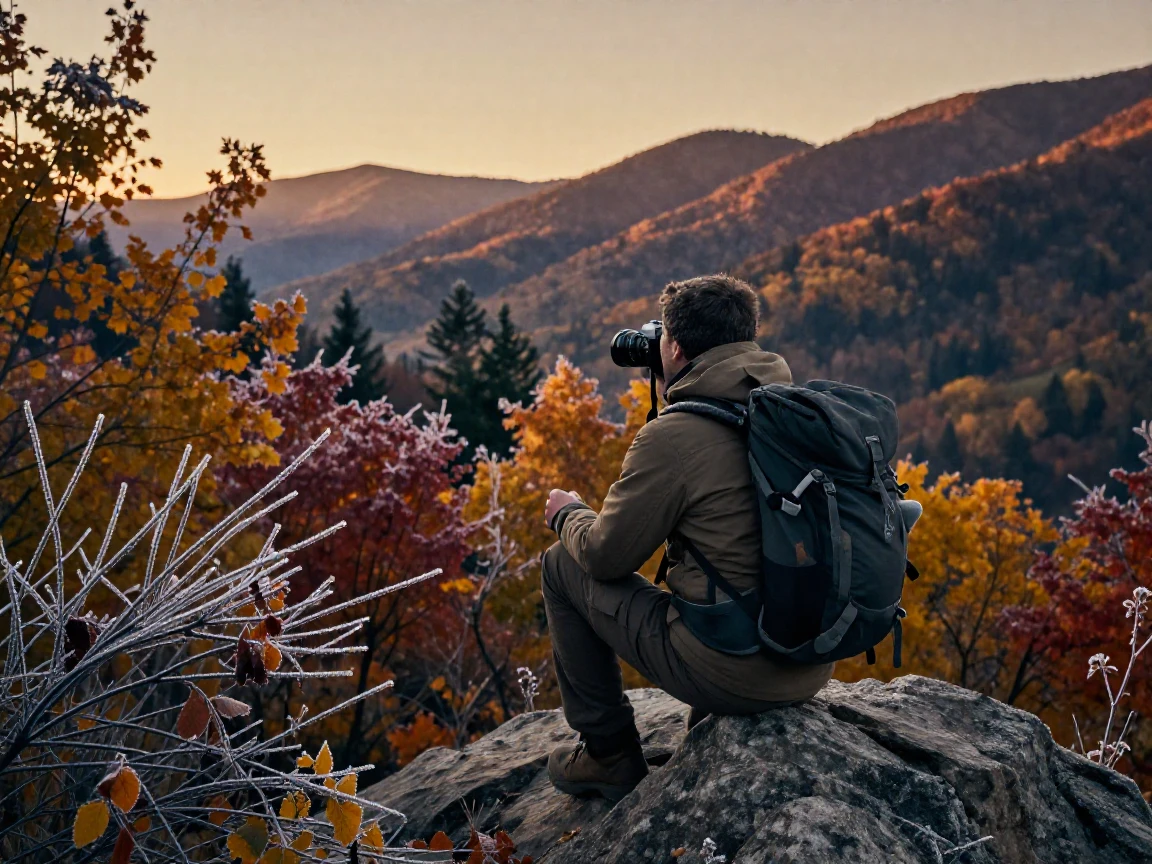 A hiker pausing to take in a sweeping mountain vista, in low lamplight, with frost coating every surface, as autumn leaves turn gold and red, with deep emerald greens and browns, over the shoulder of the main subject.