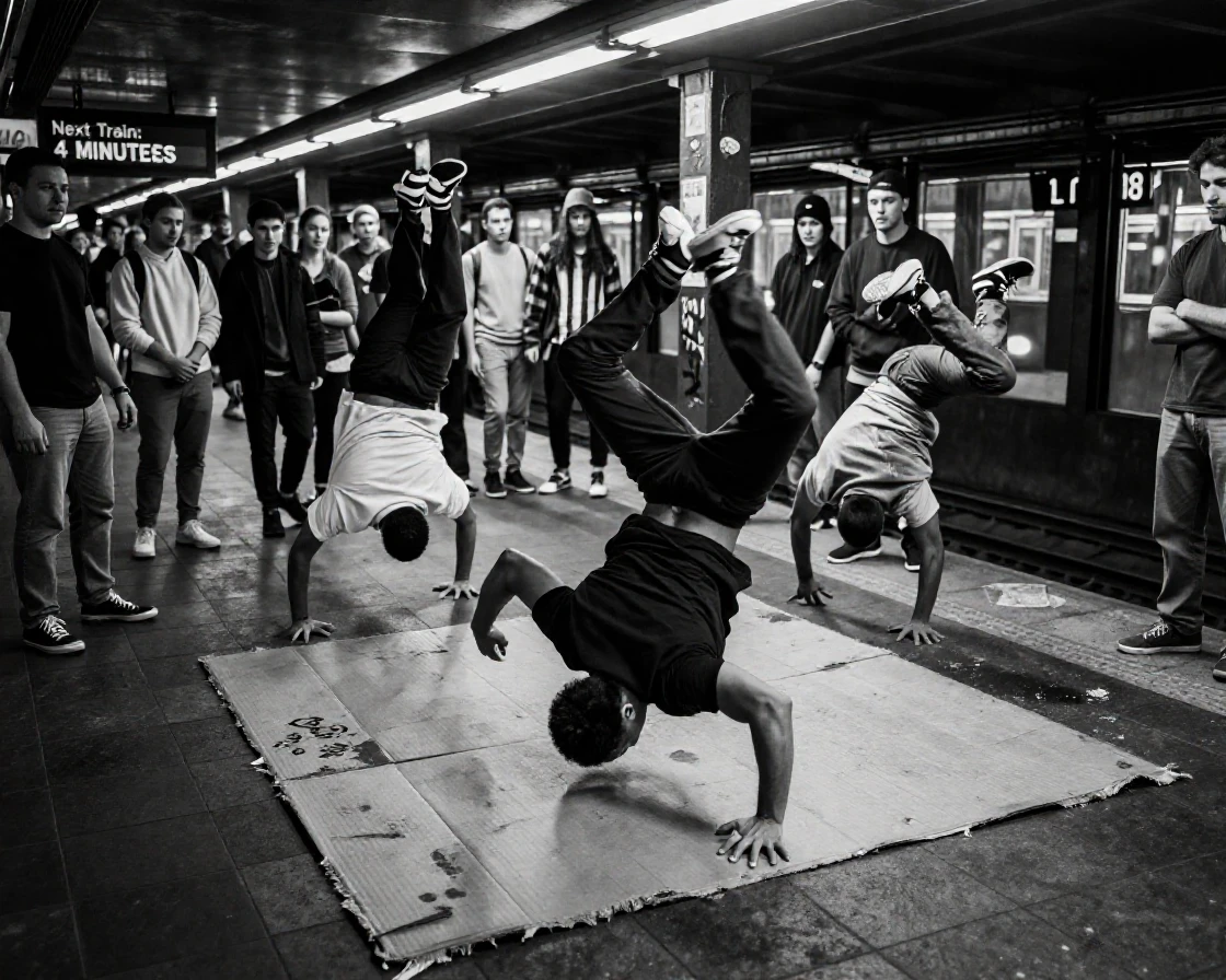 A group of breakdancers spins on a cardboard mat on a busy subway platform.