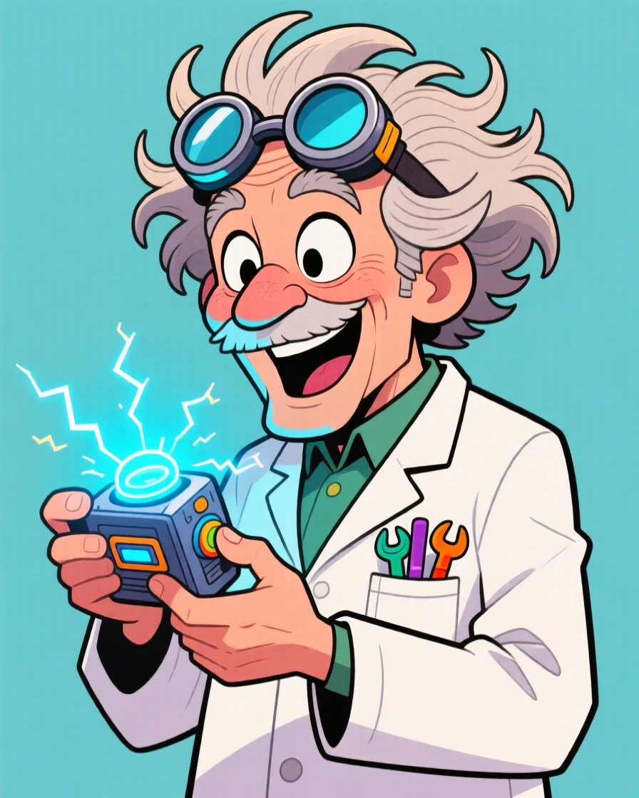 A memorable character portrait of an eccentric inventor with wild frizzy hair and safety goggles pushed up on his forehead, holding a glowing gadget that sparks slightly.