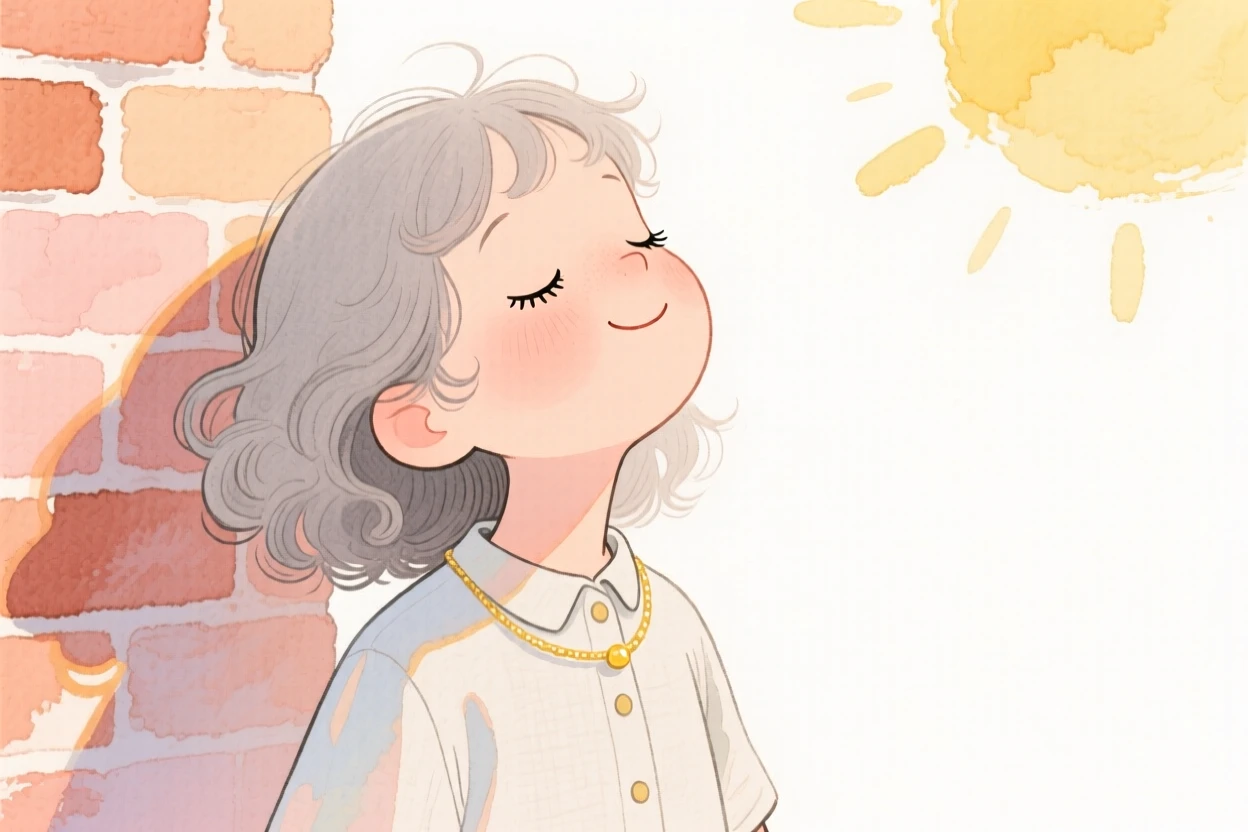 A little girl with soft grey curls, closing her eyes and tilting her face to the sun, wearing a linen button-down shirt and wearing a delicate gold necklace, against a sun-drenched brick wall