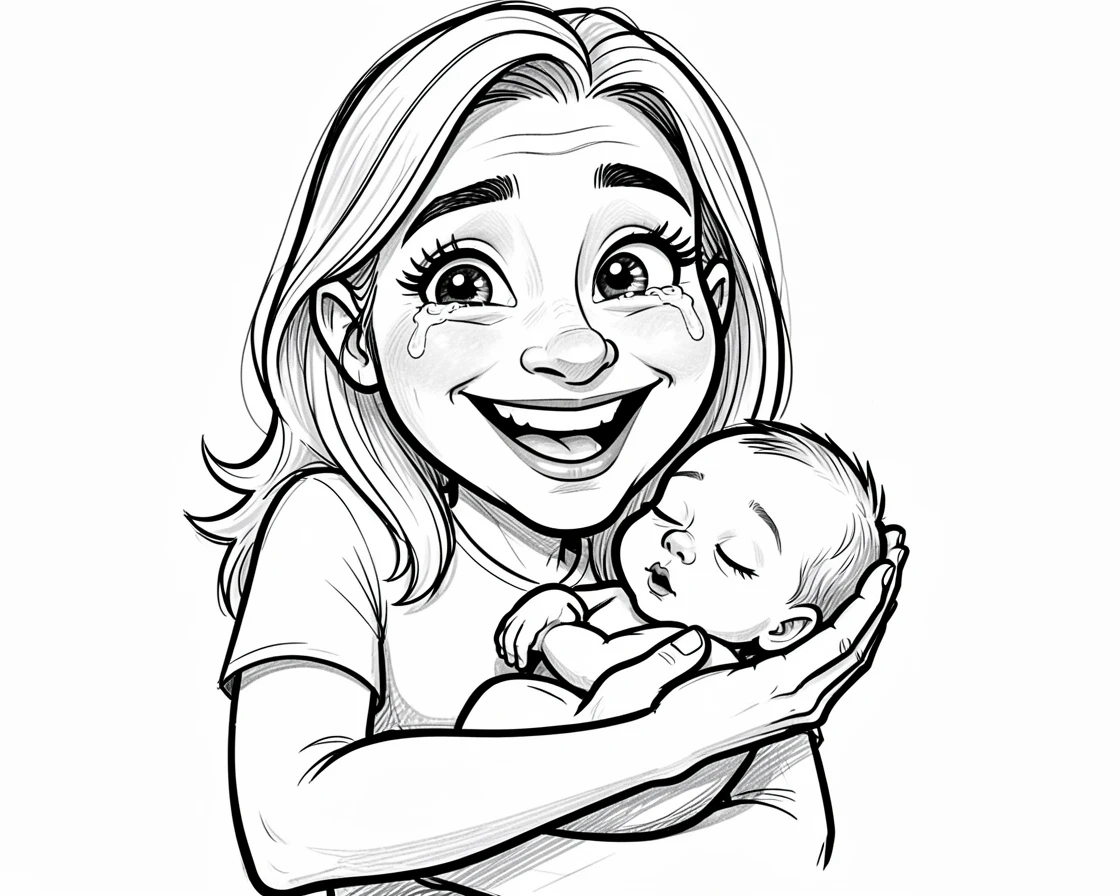 [People Portraits & Characters] Portrait of a proud new parent cradling a newborn baby with tears of joy, full of personality and charm