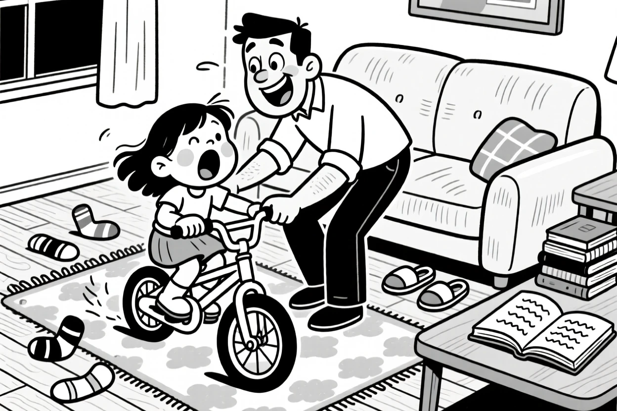 A father teaching his daughter to ride a bike, caught mid-yawn during story time, set in a cozy living room with mismatched socks scattered on the floor. Mismatched slippers peek out from under the couch. The image captures the joyful mess of home life.