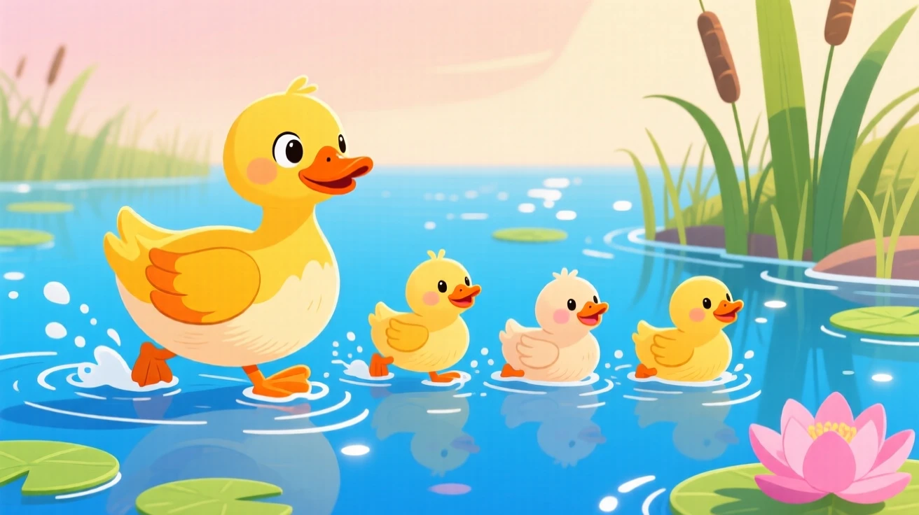 A family of ducklings following their mother across a pond.