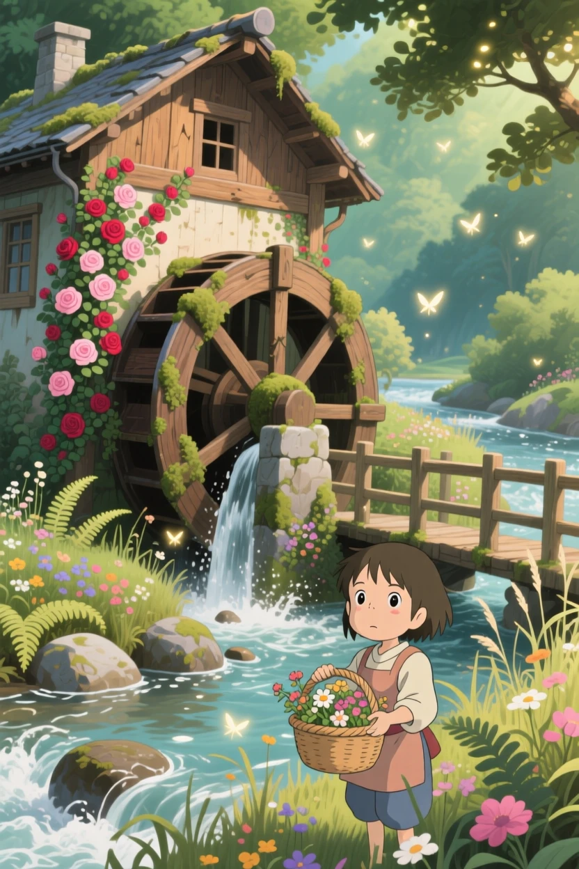 A charming view of a wooden watermill turning beside a rushing stream, surrounded by climbing roses and untamed gardens.
