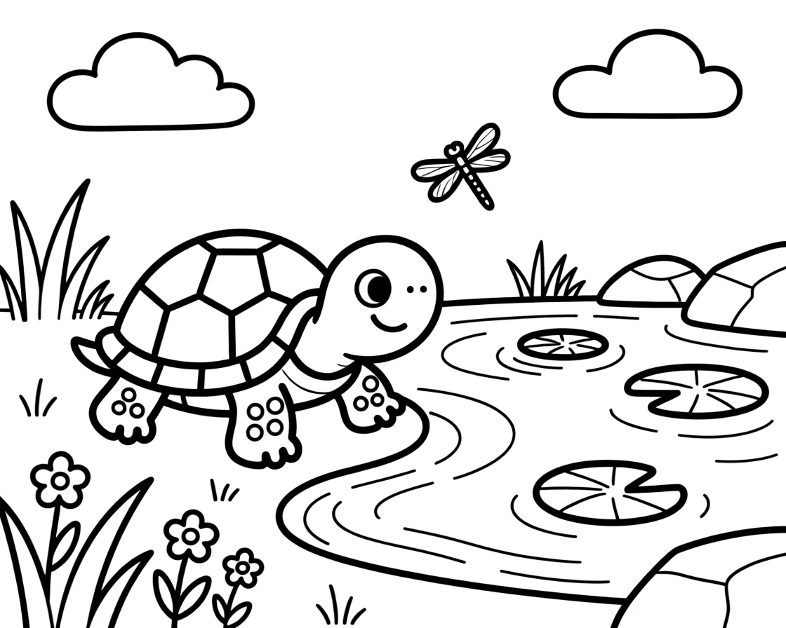 A tiny turtle poking its head out of its shell near a pond