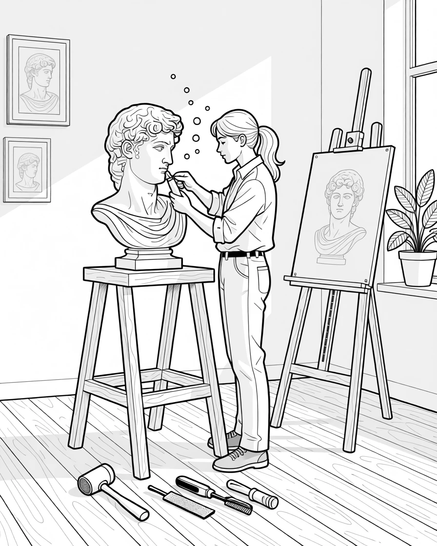 A sculptor chiseling detail into a marble bust, with dust motes drifting in a beam of light.