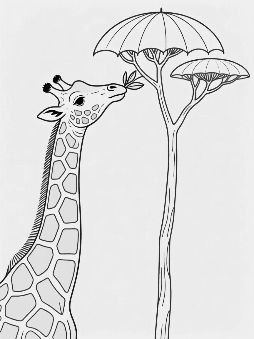 A giraffe reaching its neck up to eat from a tall acacia tree