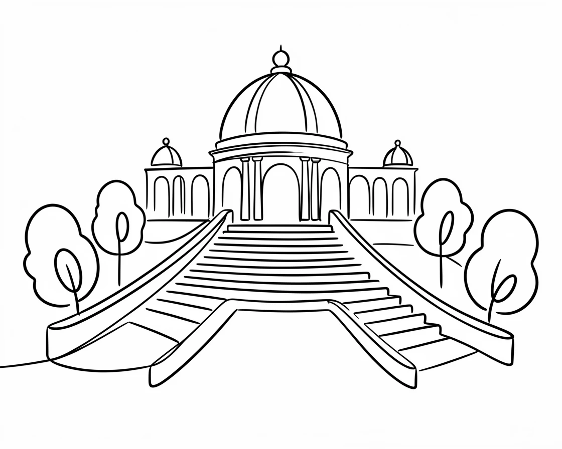 A grand domed palace with sweeping staircases and manicured gardens
