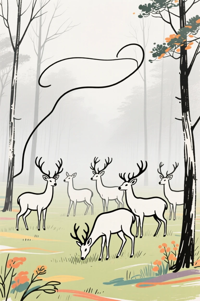 A herd of deer grazing peacefully in a foggy forest clearing.