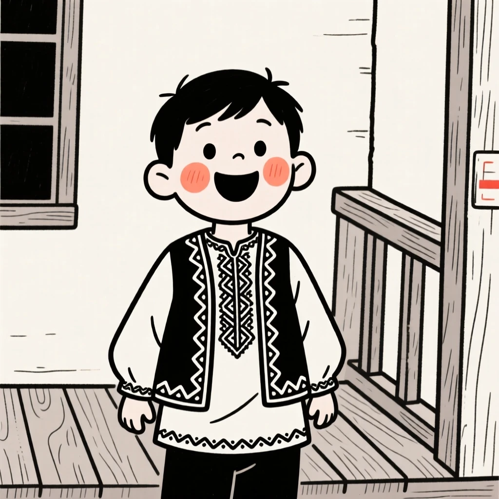 A young boy of Polish heritage wearing a Turkish embroidered vest, bursting with excitement, on a rustic wooden porch.