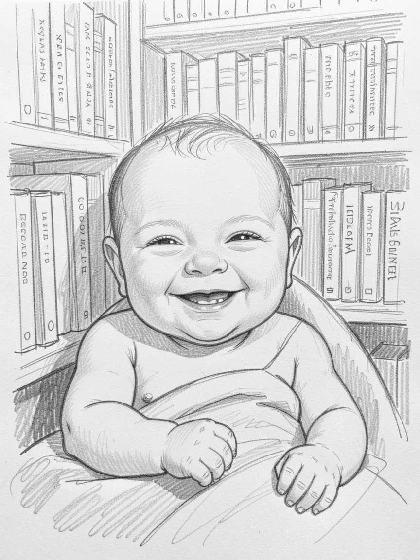 A tender portrait of a laughing newborn baby, with a faint, knowing smile, in a quiet library nook.
