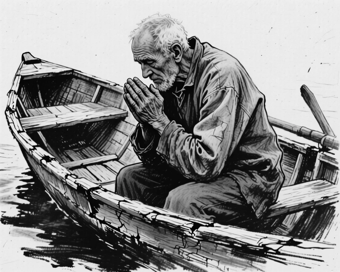 A war veteran praying quietly with hands clasped together, in an old wooden rowboat.