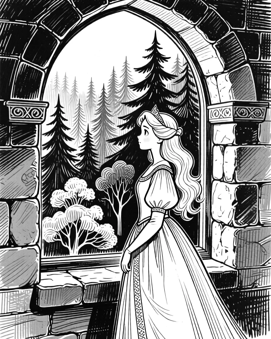 A young princess gazing out from a tower window toward a distant forest.