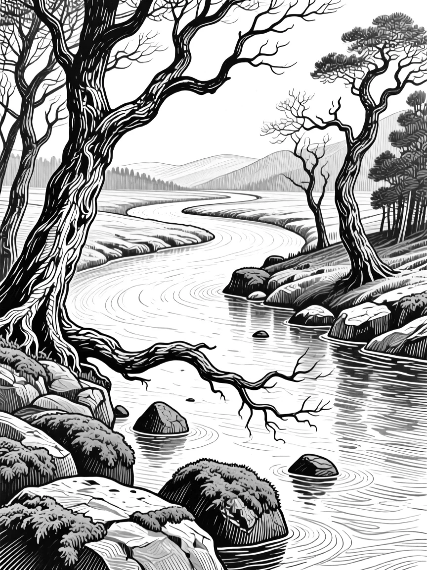 A winding river framed by twisted old trees, with patches of moss clinging to weathered rock, evoking a timeless and grounding atmosphere in a wide, balanced composition.