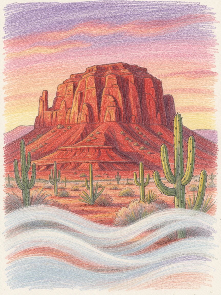 A red rock desert mesa glowing at sunset with cacti in the foreground, with morning mist curling low across the ground, celebrating the quiet majesty of the natural world.
