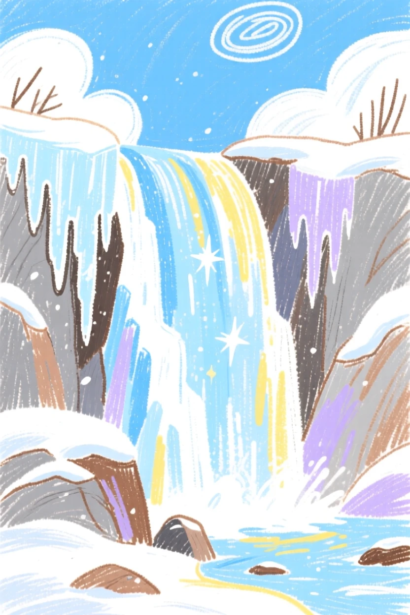 A frozen waterfall glittering with icicles in winter sunlight.
