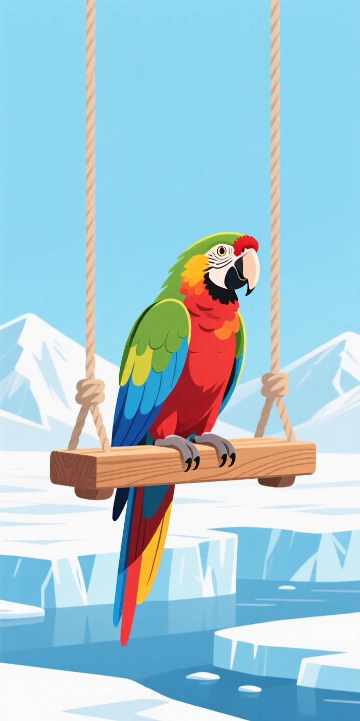 A parrot with vivid feathers perched on a wooden swing, surrounded by icy glaciers and pale blue sky, centered in the frame with gentle negative space around it, with vivid, richly saturated colors that pop.