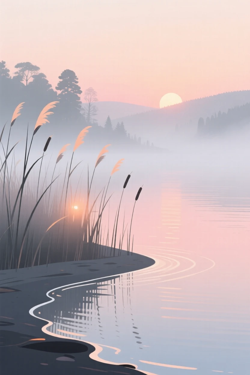 A misty lake shore at sunrise with soft light filtering through the tall reeds.