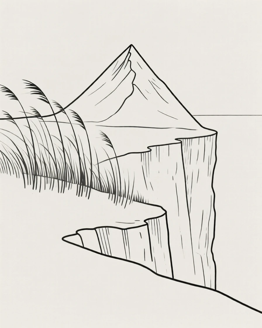A windswept clifftop, quiet and still, cradles a mountain peak resting beside tall grass bending in the wind, capturing a feeling of gentle stillness.