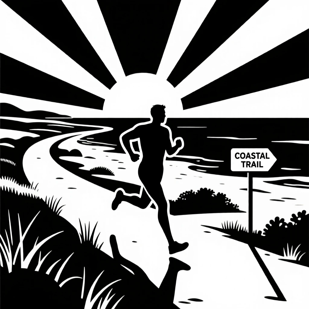 A runner training along a coastal path at sunrise.