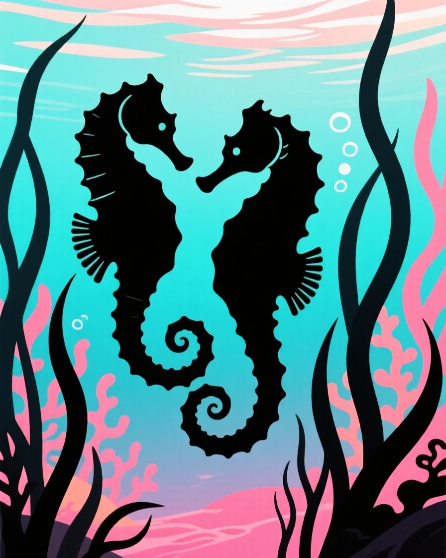 A pair of seahorses with tails intertwined, floating among seagrass.