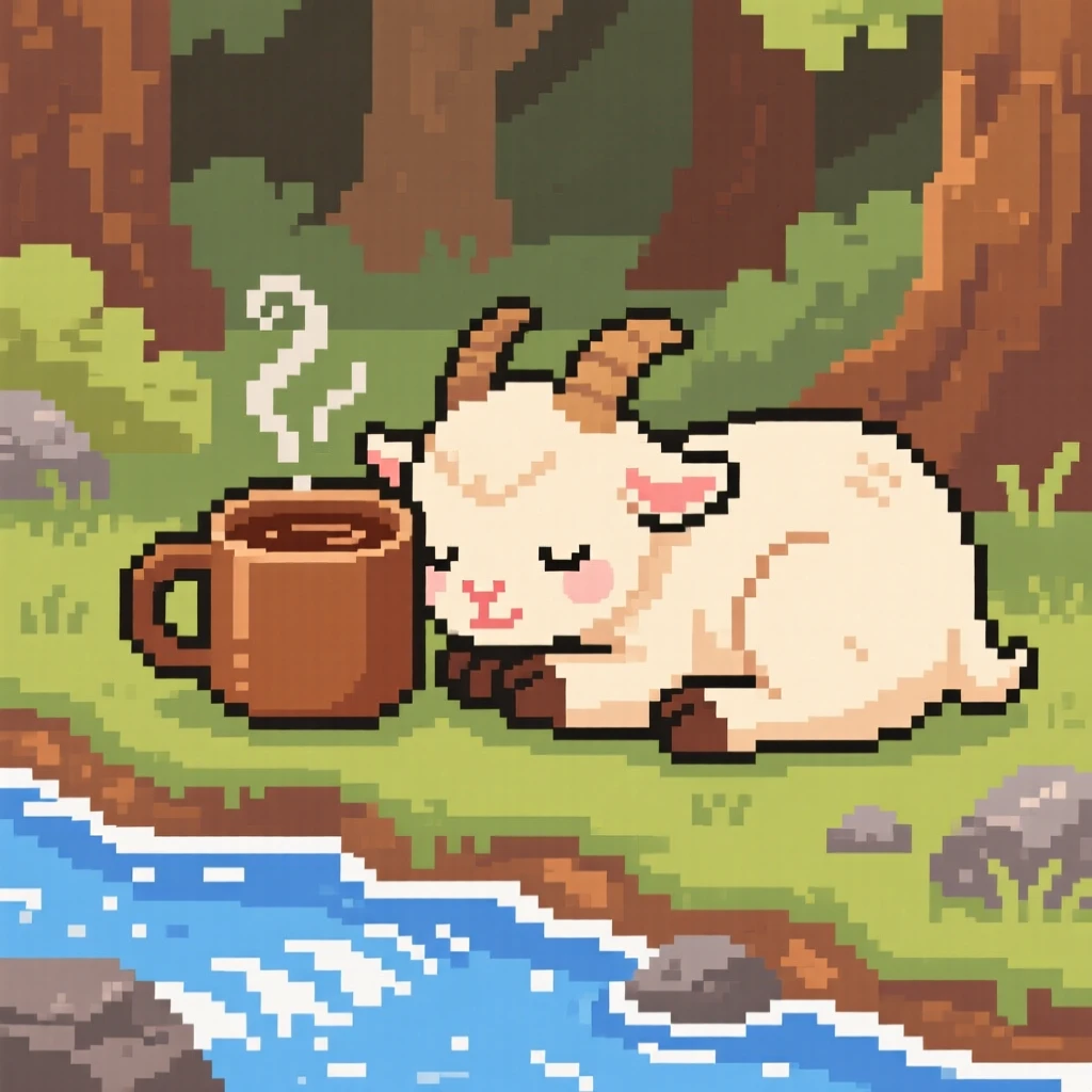 A baby goat curled around a warm mug of cocoa, beside a bubbling woodland stream.