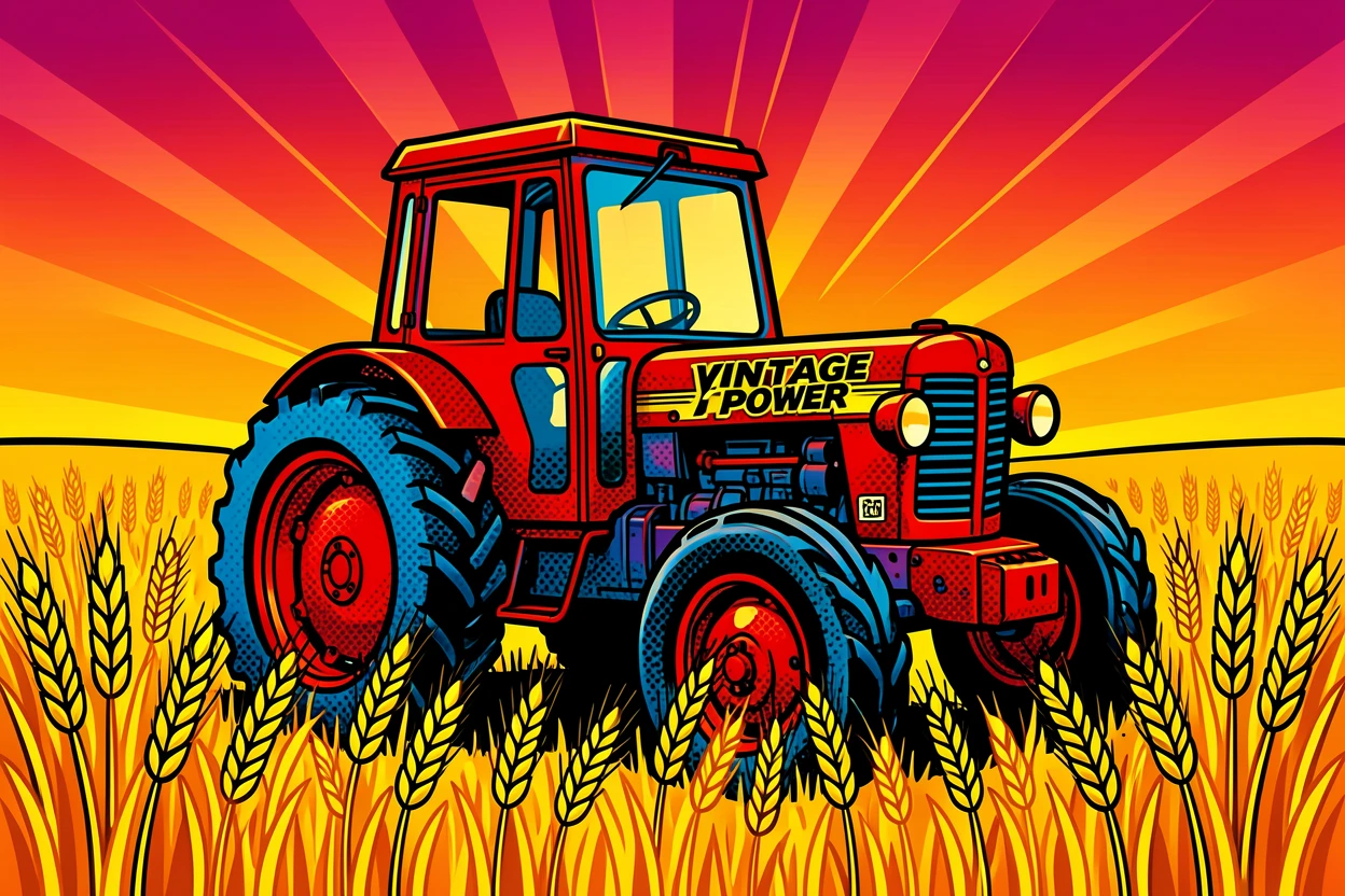 A vintage tractor parked in a late-day wheat field