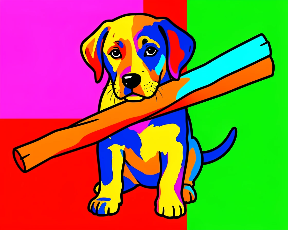 Labrador puppy carrying a stick twice its size