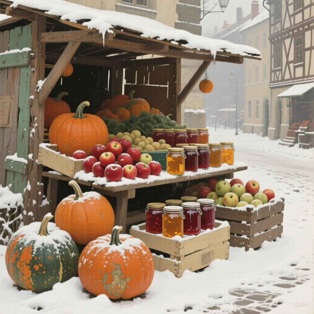 A well-framed scene of a farmstand piled with pumpkins, apples, and jars of preserves, in old Vienna, under a fresh blanket of winter snow.