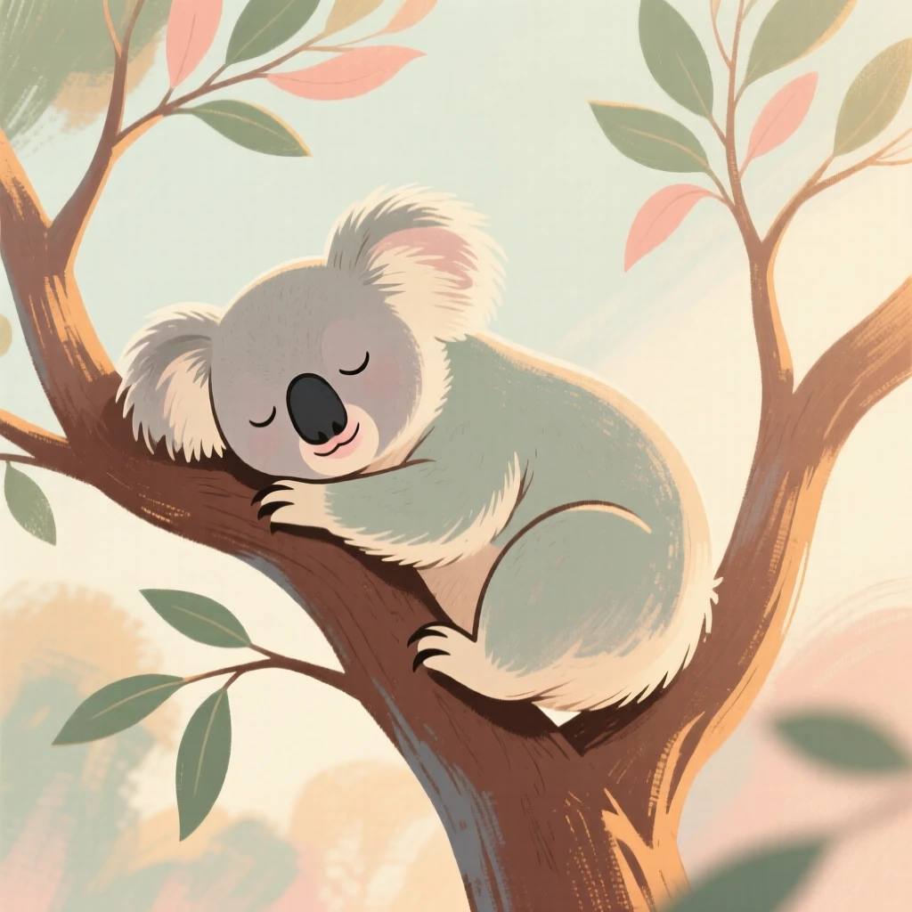 A koala dozing in the fork of a eucalyptus tree