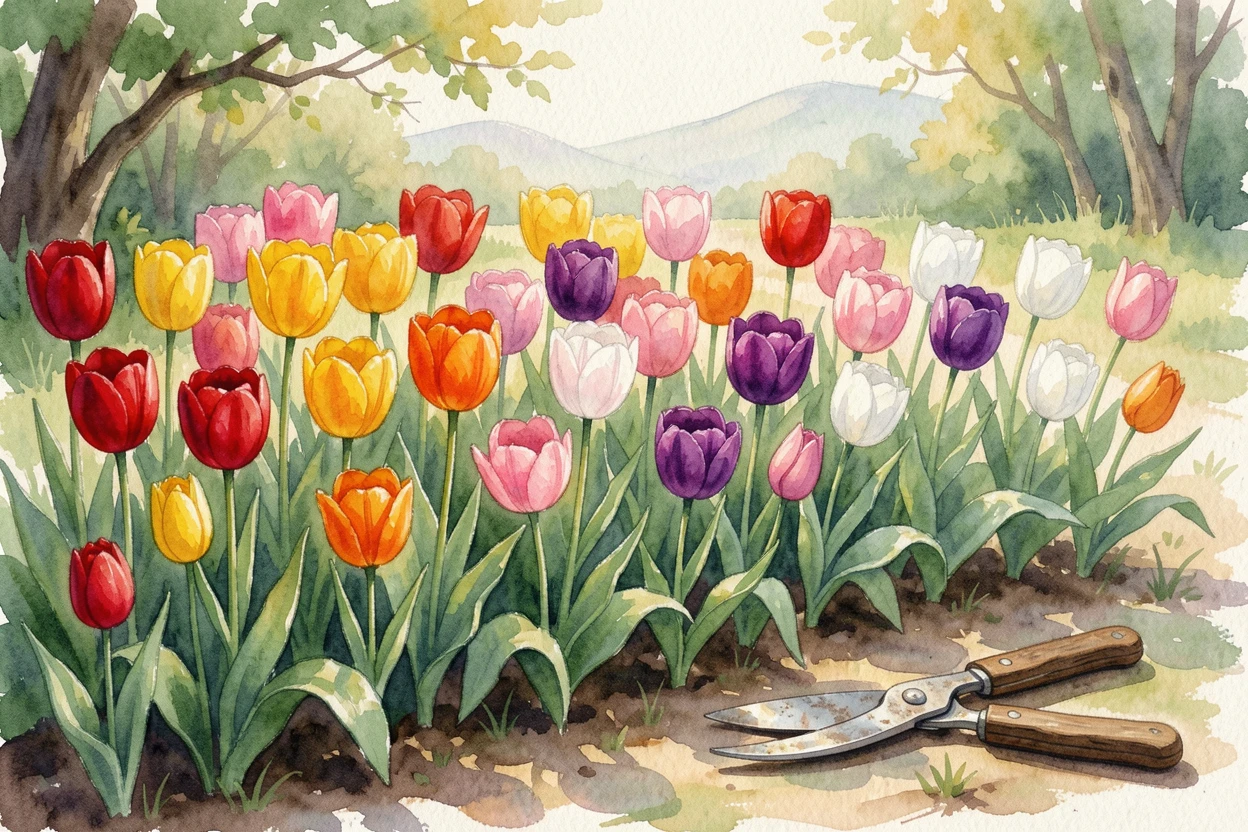 A bed of tulips in a rainbow of colors in a quiet countryside garden with a pair of garden shears nearby.