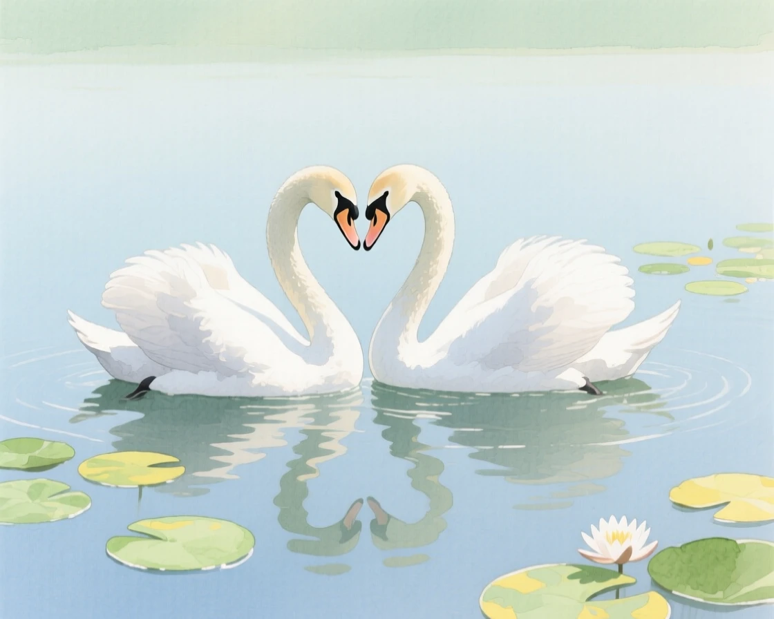 A pair of swans glide across a still lake, necks forming a heart shape, lily pads floating nearby