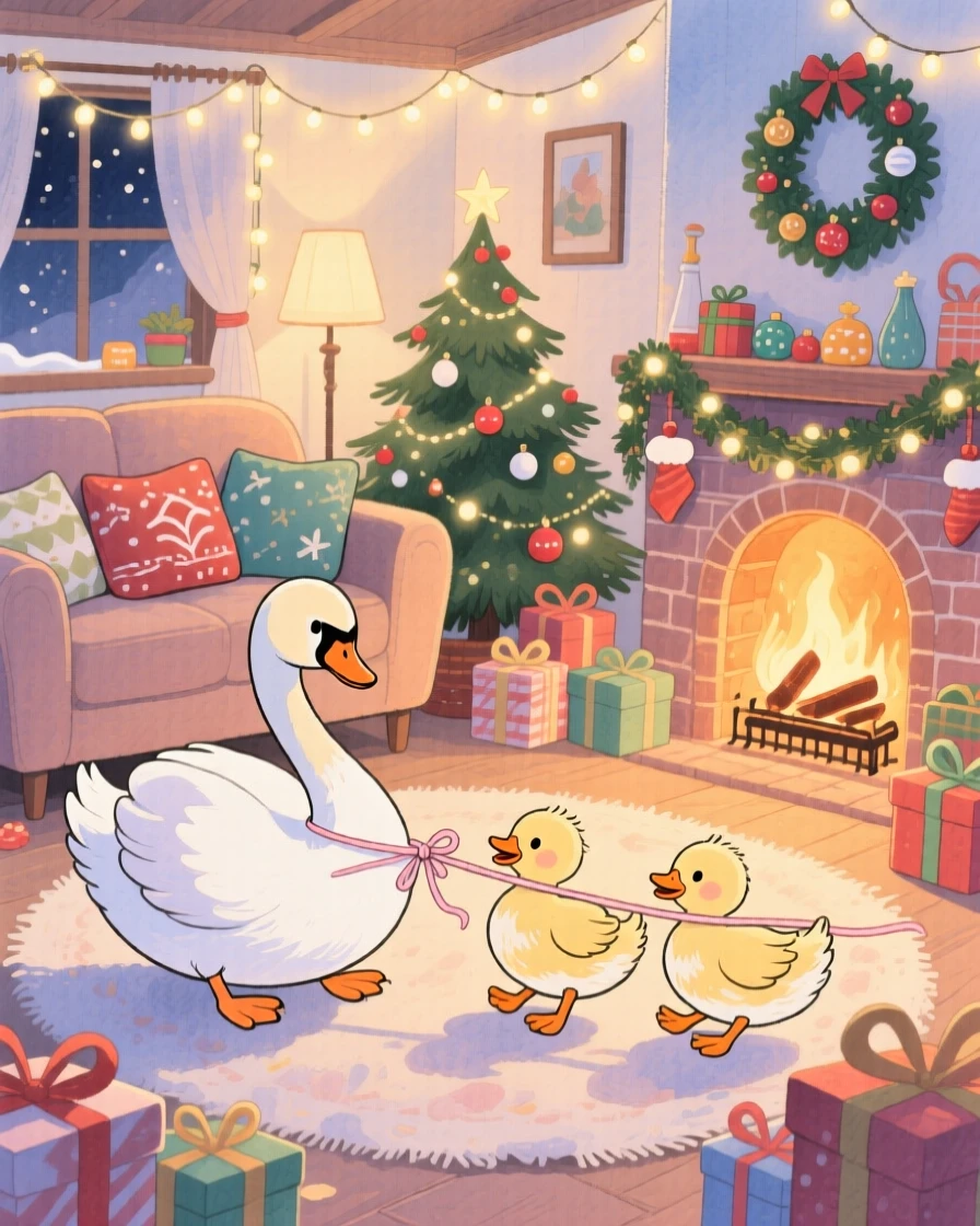 A swan and her cygnets playing tug-of-war with a little ribbon, set in a snug living room decorated for the holidays, full of playful curiosity.