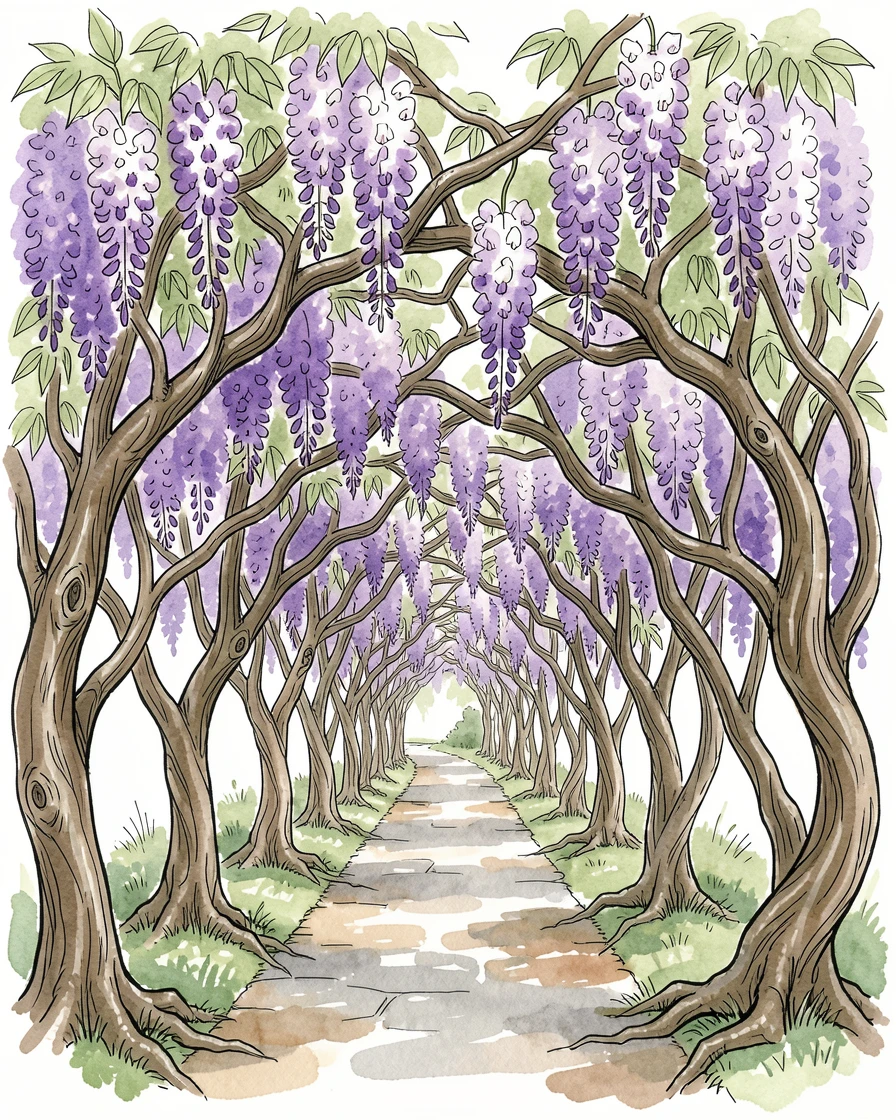 A path through a tunnel of overhanging wisteria vines, purple blossoms hanging in soft clusters overhead